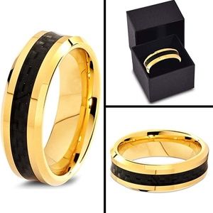 ✨NEW 6mm Tungsten Mens Ring Gold Fiber Inlay Black Carbon Beveled Edge